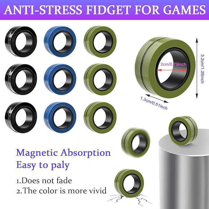 Cevioce 9 PCS Magnetic Ring Fidget Toys Set, ADHD Anxiety Magnetic Finger - Image 3