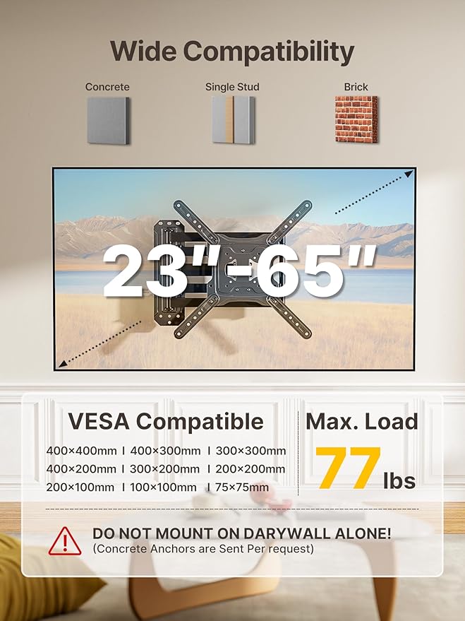 monTEK Long Arm TV Wall Mount for Most 23-65 Inch TVs, 37 Inch Long Extension - Image 2
