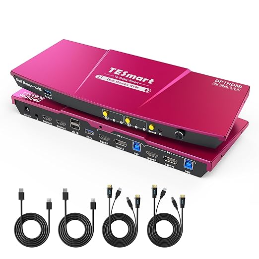 TESmart USB 3.0 DisplayPort + HDMI KVM Switch 2 Monitors 2 Computers 4K@60Hz by TESmart