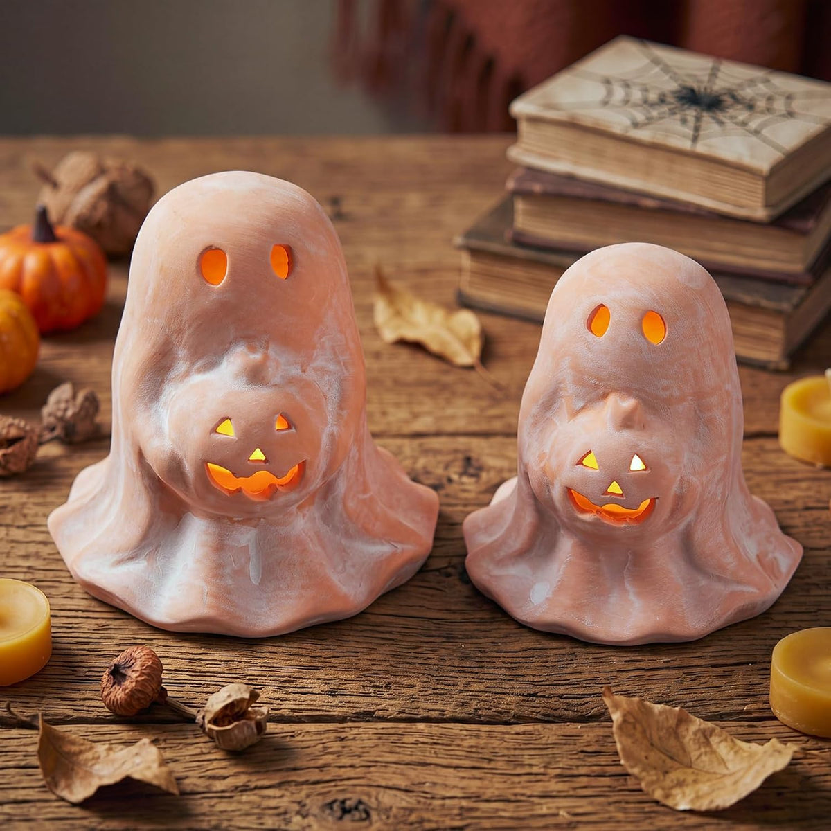 Tioncy 2 Pcs Halloween Terracotta Ghost Tealight Holder, Terracotta, Retro