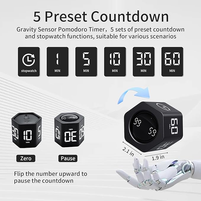 Productivity Timer Flip Gravity Sensor Cube Timer Countdown & Countup, Mute & - Image 2