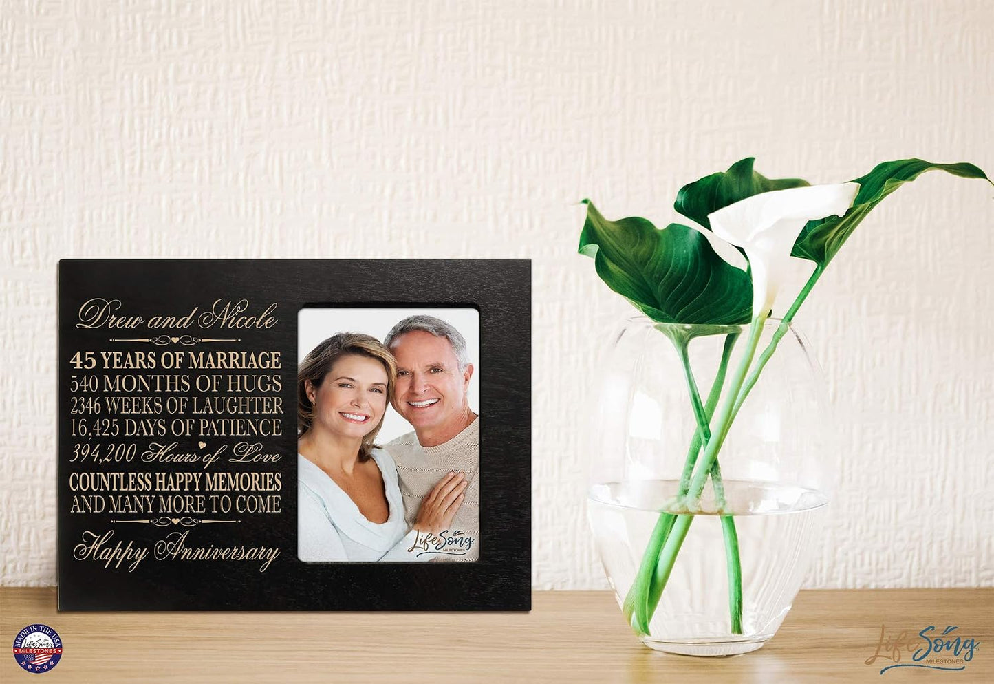 Personalized 45th Year Wedding Anniversary Frame Gift for Couple 45th for Her 45th Wedding for Him Frame Holds 1 4x6 Photo 8" H X 10" W (Black)