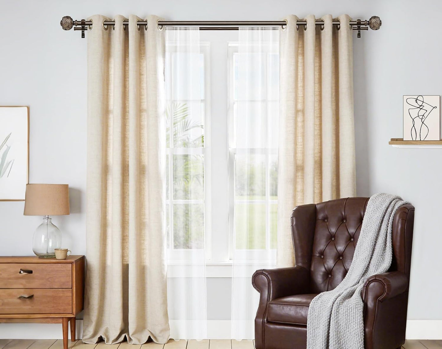 1 Inch Double Curtain Rods 72 to 144 Inches (6 to 12 ft), USFOOK Bronze Drapery Rods for Windows 69 to 140 Inches, Telescoping Dual Curtain Rod with Woven Leaf Finials