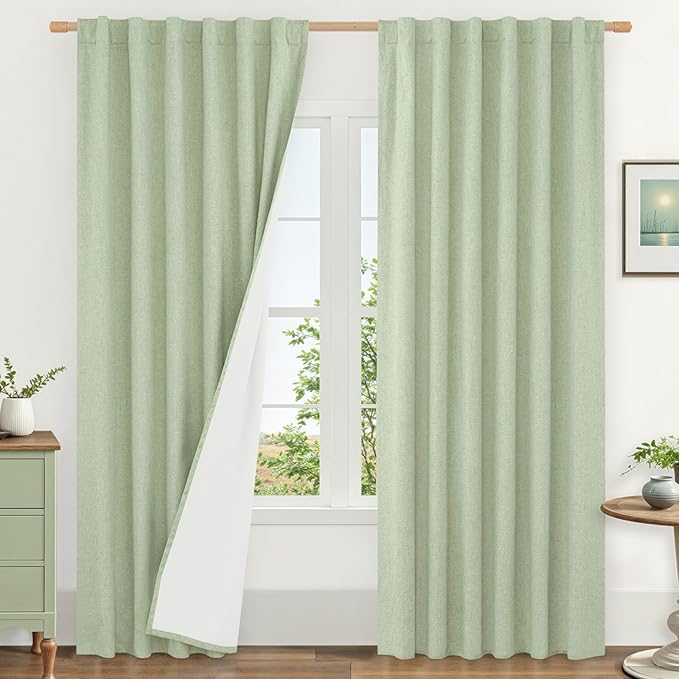 LAMIT Light Green 100% Blackout Linen Curtains, 84 Inch Linen Textured Living by LAMIT