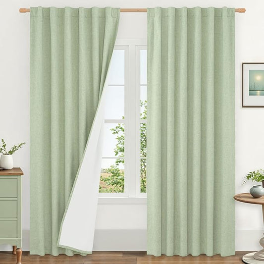 LAMIT Light Green 100% Blackout Linen Curtains, 84 Inch Linen Textured Living by LAMIT