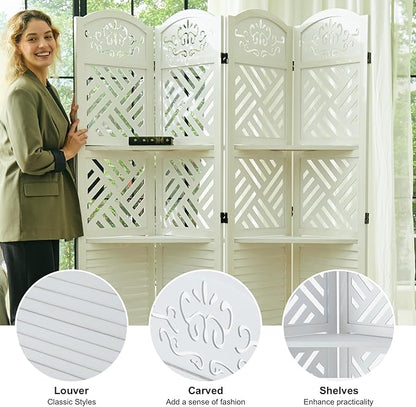 Svimi Room Divider with Shelves, 68.9inch Wood Carved and Louvered Wall Divider - Image 3