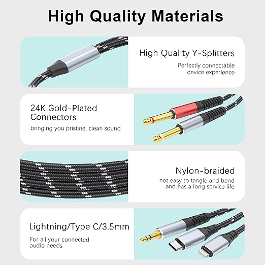 Lightning to Dual 6.35mm 1/4" TS Mono Stereo Y-Cable Splitter, 3 in 1 to Dual - Image 3