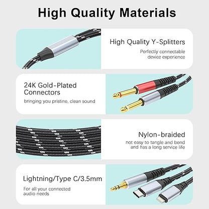 Lightning to Dual 6.35mm 1/4" TS Mono Stereo Y-Cable Splitter, 3 in 1 to Dual - Image 4