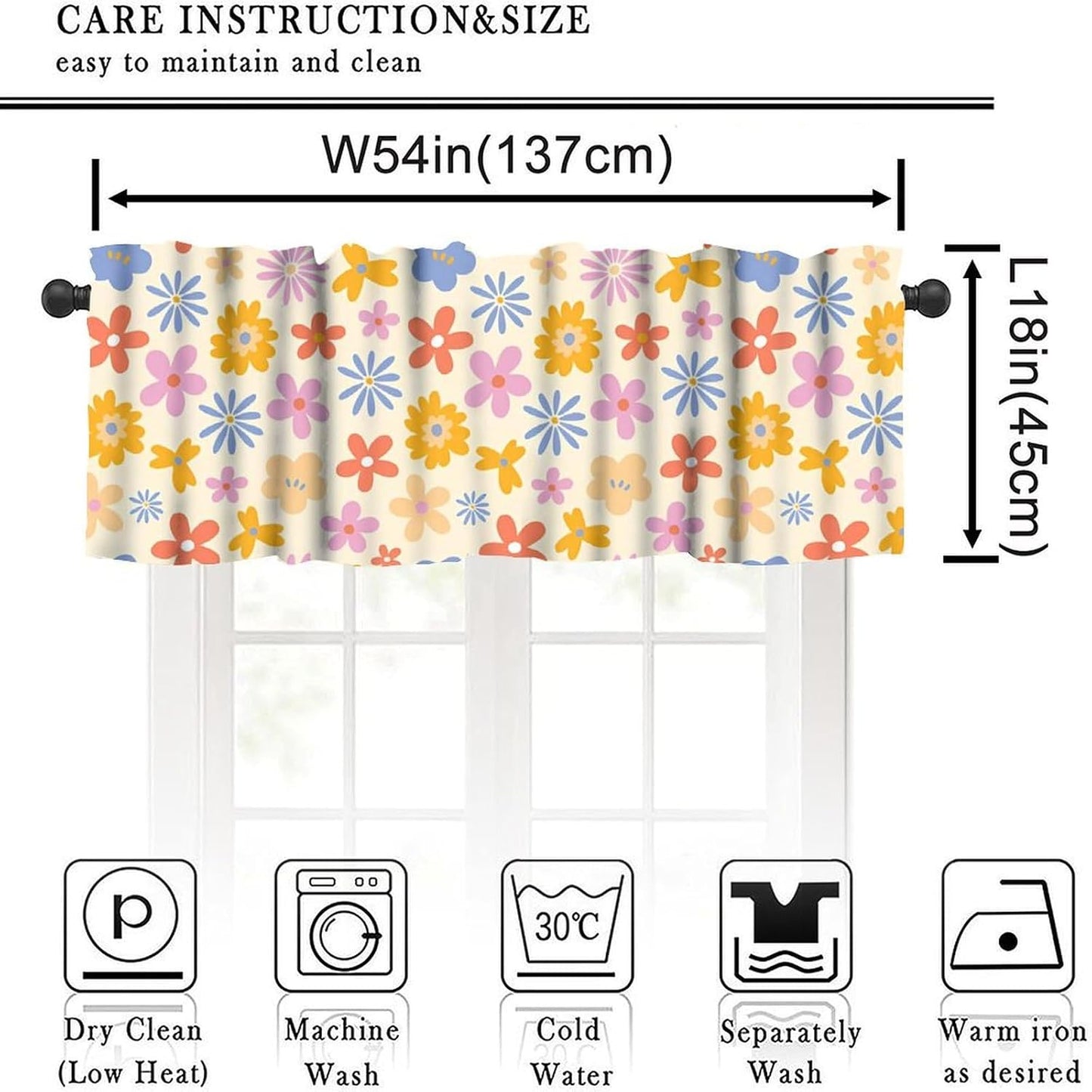 Cute 70s Flower Valance, Abstract Vintage Groovy Daisy Floral Cartoon Pink Blue Orange Flowers Print Blackout Window Curtain for Kids Girls Boys Bedroom Livingroom, 54x18inch