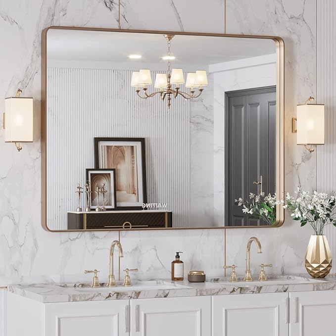 LOAAO 40”X30” Gold Bathroom Mirror, Rounded Rectangle Gold Frame Mirror - Image 7