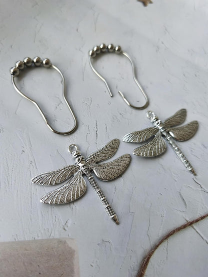 Dragonfly Shower Curtain Hooks - Decorative Shower Hooks for Shower Curtain | Rust Proof Shower Curain Rings Decorative Bathroom Accessories Set, Natural Forest Garden Country Farm Theme Bathroom Decor