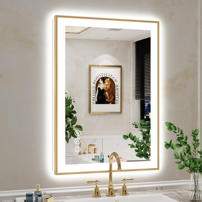 24x36 LED Bathroom Mirror with Lights, Gold Framed Lighted Mirror | Backlit and Front light, Anti-Fog, 3 Color Dimmable, Memory, Tempered Glass, IP54 Waterproof, UL Listed