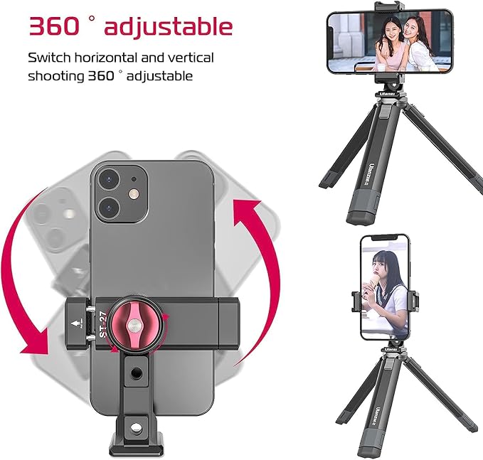 Metal Phone Tripod Mount 3 Cold Shoes & Arca Port, 360° Smartphone Tripod - Image 4