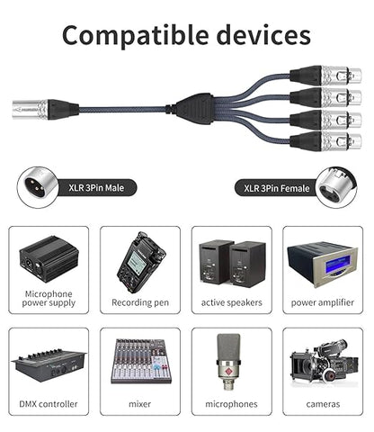 HUALEU 3Pin XLR 1 Male to 4 Female Splitter Cable 2Feet, 4WAY XLR Four-Input - Image 4