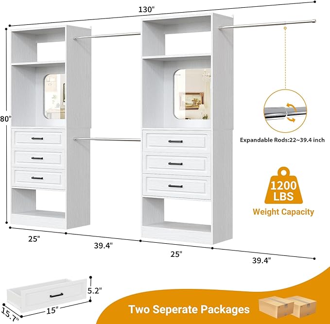 Unikito Closet System with 6 Drawers, 6-14Ft Closet Organizer with Mirror - Image 7