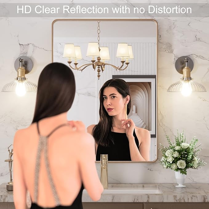 LOAAO 22”X30” Gold Bathroom Mirror, Rounded Rectangle Gold Frame Mirror - Image 2