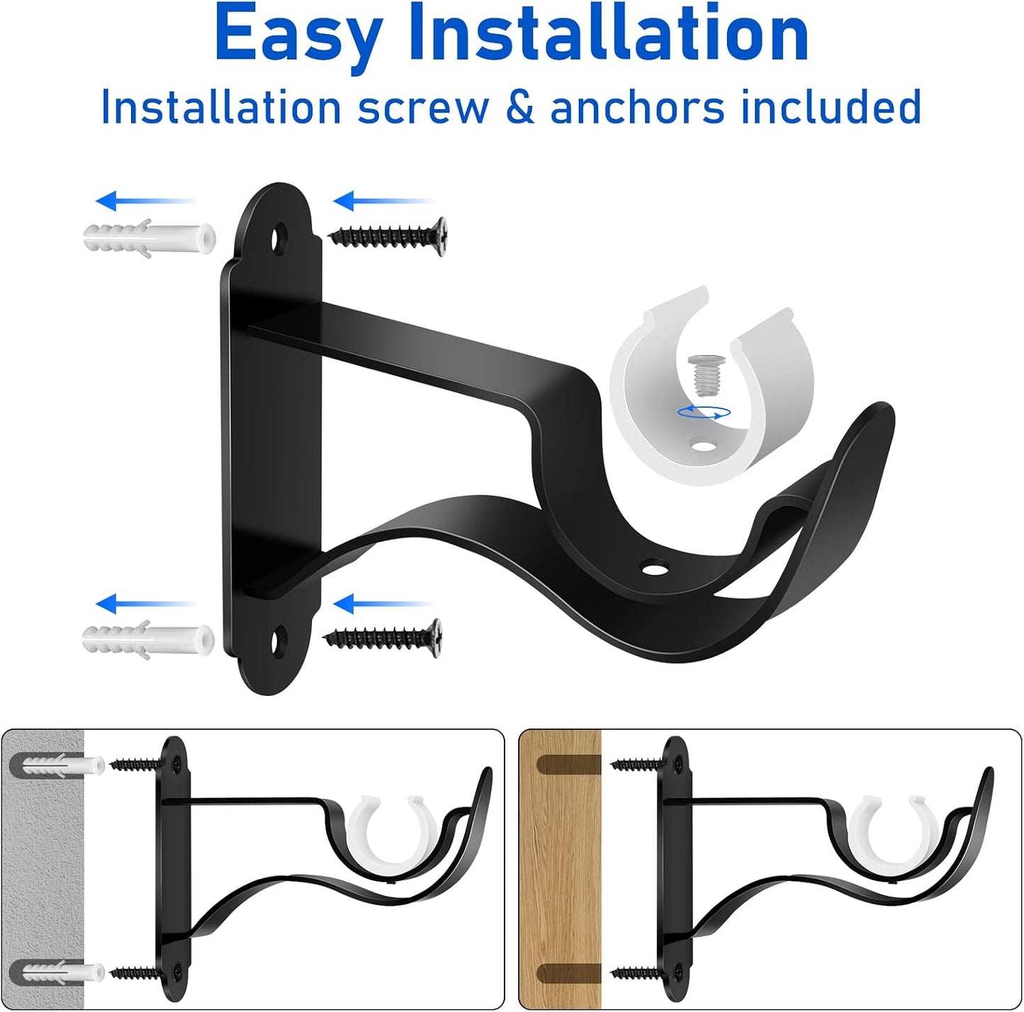 TOKPLNU Curtain Rod Bracket, Heavy Duty Curtain Rod Holders, Black Rod Hooks Hangers Drapery Single Decorative Rods Wall Brackets for 1 Inch Drape Poles, 4 Pack