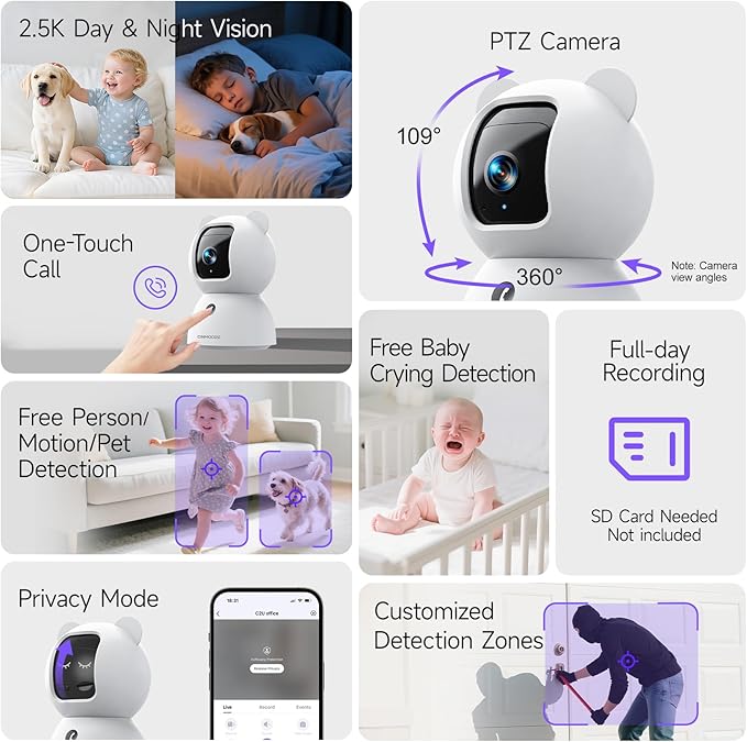 2.5K Security Camera Indoor, Non-Subscription AI Person/Pet/Cry Detection - Image 9
