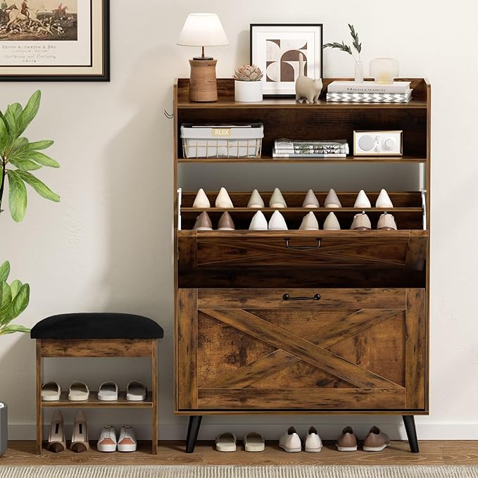 EOYUTLLY Shoe Cabinet with Bench, Entryway Shoe Organizer with 2 Flip Drawers & by EOYUTLLY