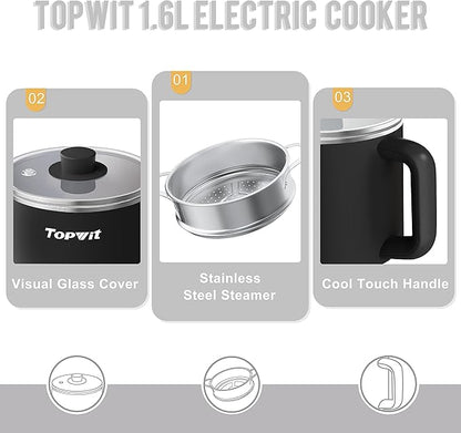 Topwit Hot Pot Electric with Steamer, 1.6L Ramen Cooker, Electric Pot - Image 8