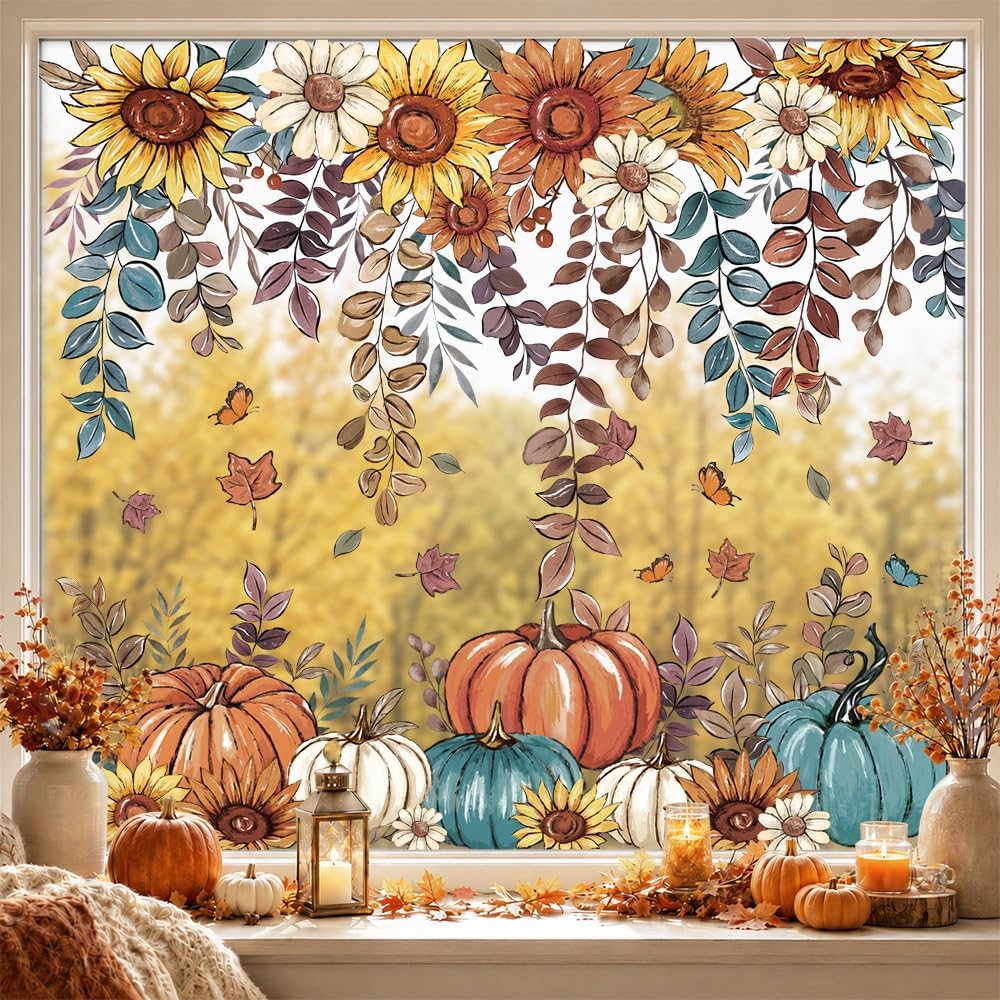 8 Sheets Fall Window Clings Sunflower Pumpkin Sticker Autumn Glass Decor | Butterfly Hanging Vine Leaves Window Decals Static Reusable for Thanksgiving Harvest Party Decoration Home Office Decorations