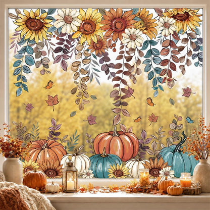 8 Sheets Fall Window Clings Sunflower Pumpkin Sticker Autumn Glass Decor | Butterfly Hanging Vine Leaves Window Decals Static Reusable for Thanksgiving Harvest Party Decoration Home Office Decorations