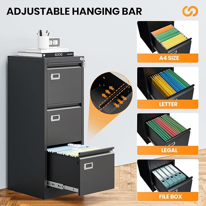 3 Drawer File Cabinet with Lock, Metal Filing Cabinets - Image 5