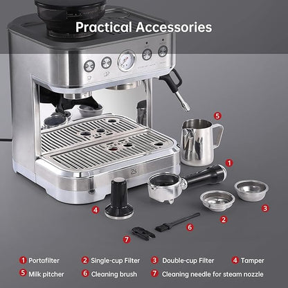 IDEALHOUSE Espresso Machine 3-in-1, Built-in Grinder and Milk Frother, - Image 8