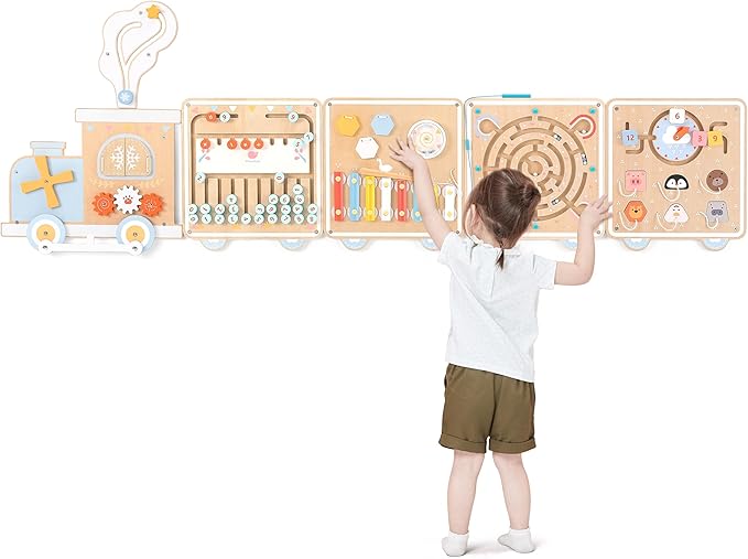 Train Activity Wall Busy Board, Wooden Montessori Sensory Toys, 12-in-1 by Pillowhaletoys
