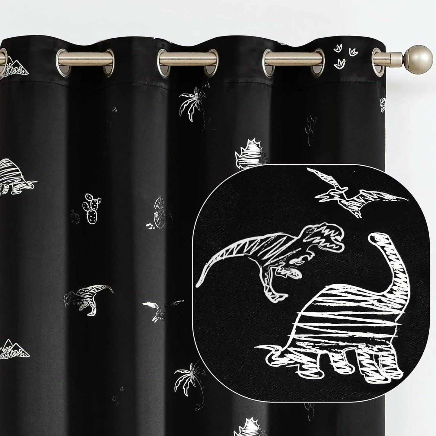 Kids Blackout Curtains for Bedroom 63 Inches Black 2 Panels | Blackout, Grommet, Silver Dino Foil Thermal Insulated Drapes for Boys Girls ‌Newborn‌ ‌Toddler‌ ‌Preschooler Nursery