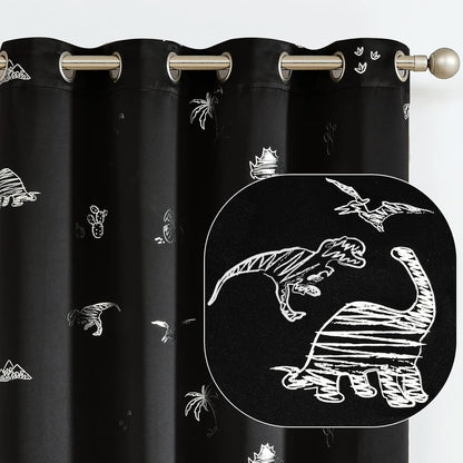 Kids Blackout Curtains for Bedroom 63 Inches Black 2 Panels | Blackout, Grommet, Silver Dino Foil Thermal Insulated Drapes for Boys Girls ‌Newborn‌ ‌Toddler‌ ‌Preschooler Nursery