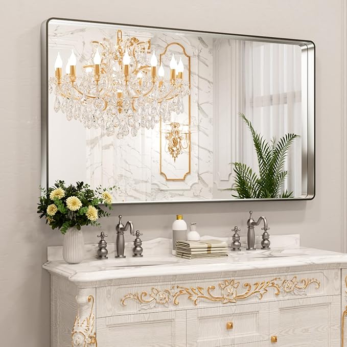 LOAAO 60X36 Inch Brushed Nickel Bathroom Mirror, Rounded Rectangle Silver Metal by LOAAO