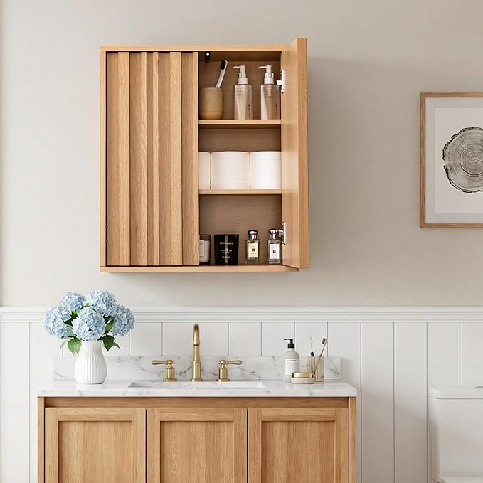 Fluted Wall Cabinet for Bathroom, Modern Wood Hanging Storage Organizer - Image 5
