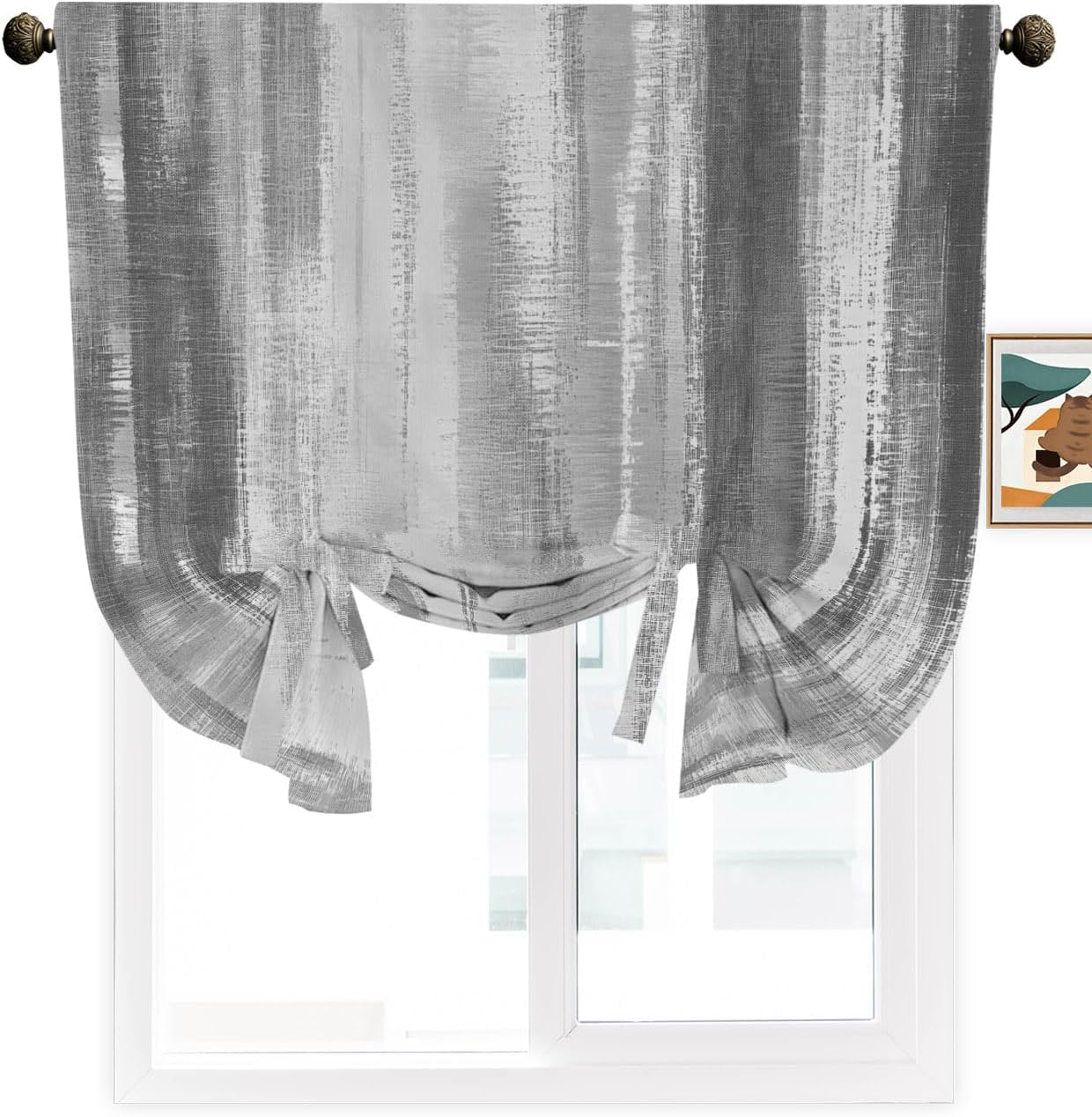 Tie Up Curtains for Windows, Gray Black Ombre Adjustable Balloon Nature Linen Textured Kitchen Curtain, Modern Abstract Art Oil Painting Decorative Tie Up Curtain for Window, 52" x 45"