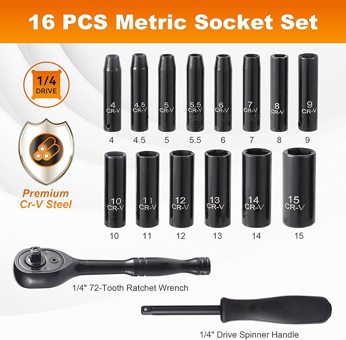 16-Piece 1/4" Drive Socket Set, Deep Sockets, 72-Tooth Ratchet Wrench, Drive - Image 2