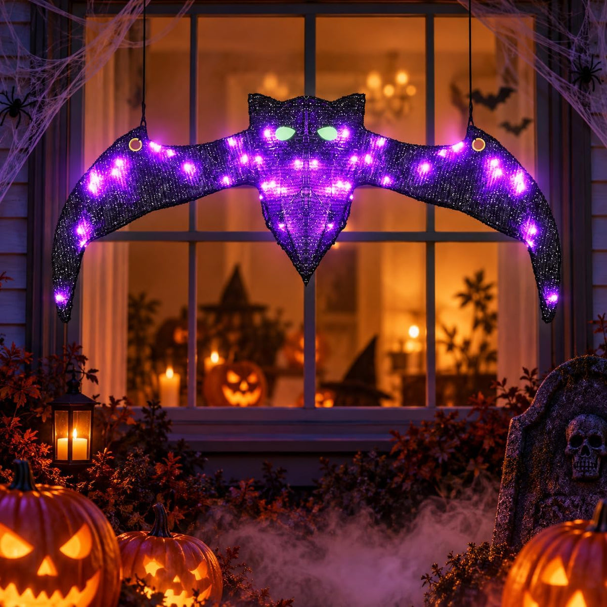 Lighted Hanging Bat Halloween Window Decorations, Large Spooky Glowing Purple...