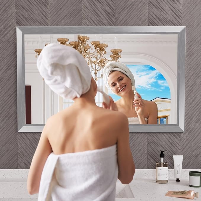 Amorho 48x30 Inch Bathroom Mirror Silver, Thick Metal Framed Wall Mirrors - Image 6