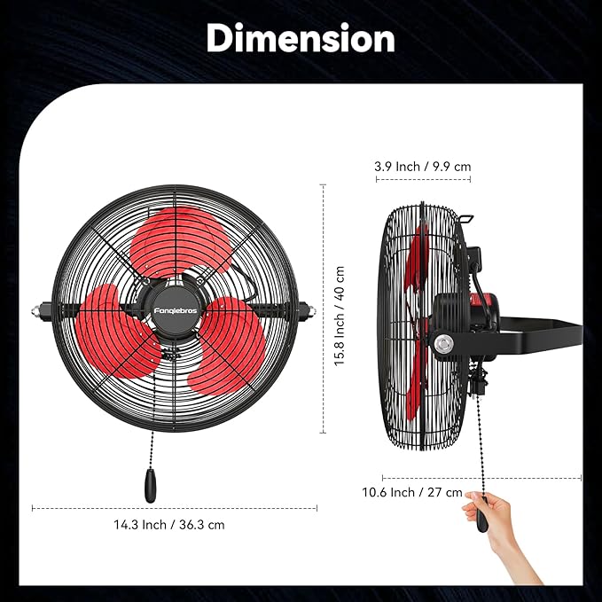 Fanqiebros 12 IN High Velocity Wall Mount Fan, 3 Speed Industrial Wall Fan - Image 2