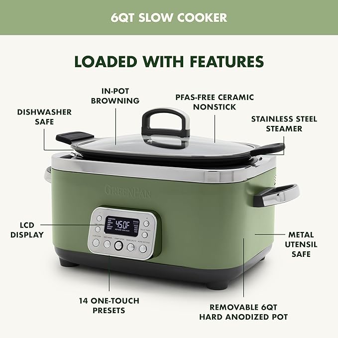 GreenPan Elite 14-in-1 Nonstick 6QT Electric Slow Cooker, PFAS-Free Ceramic - Image 4