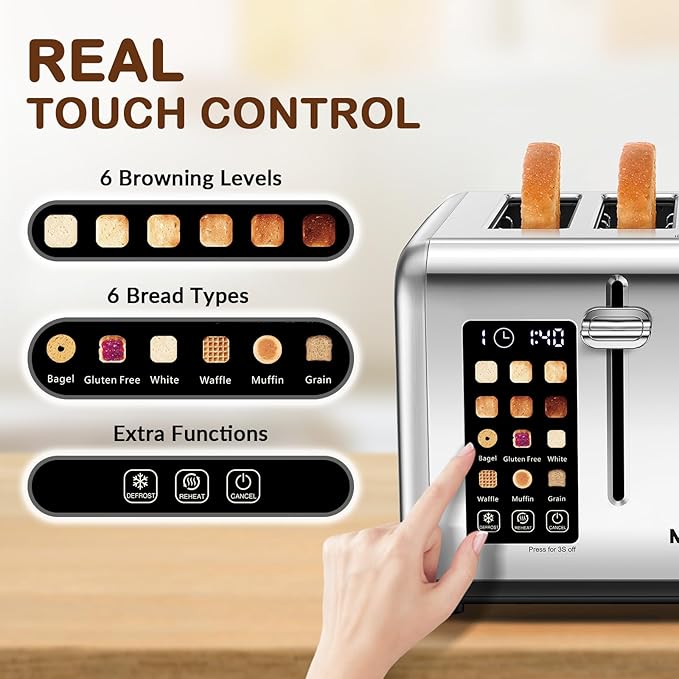 Mecity 4 Slice Toaster with Touch Screen Control, 4 Wide Slots, Stainless Steel - Image 2