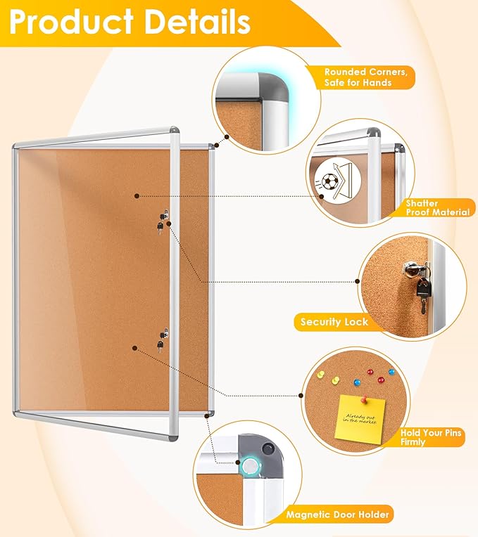 SWANCROWN Enclosed Bulletin Board 48x36 in, Tamperproof Lockable Cork Board - Image 3