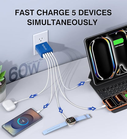USB C Wall Charger, 60W USB C Charger Block 2-Pack 5-Port PD Fast Charging - Image 2
