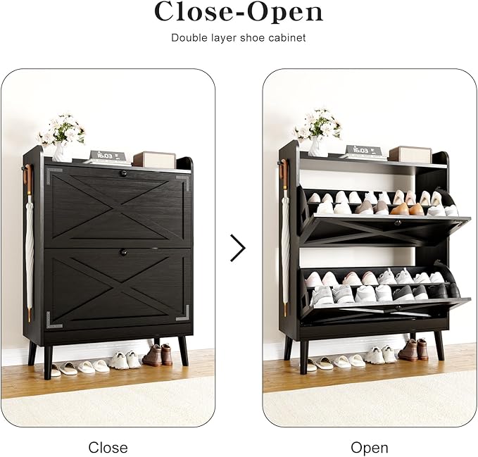 Shoe Storage Cabinet with 2 Flip Drawers & Adjustable Shelves, Freestanding - Image 4