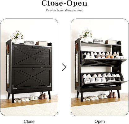Shoe Storage Cabinet with 2 Flip Drawers & Adjustable Shelves, Freestanding - Image 4
