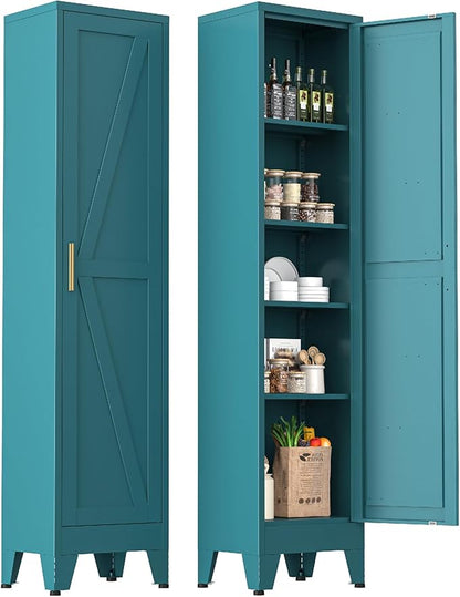 Narrow Metal Cabinet with 4 Adjustable Shelves and Barn Doors, Tall Bathroom by YAUWOHFactoryOutletsColorfulMetalFurniture