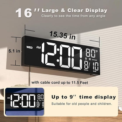 JALL 16" Large Digital Wall Mount Clock, Count Down Timer, Big LED, Temperature - Image 2