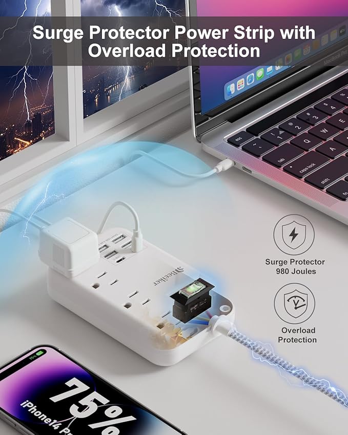 6 USB Surge Protector Power Strip- 5Ft Travel Power Strip - Image 5