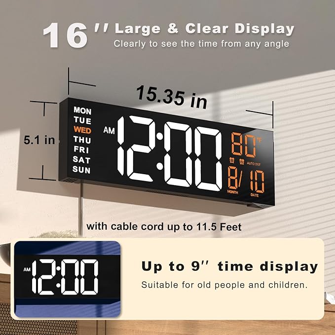 JALL 16" Large Digital Wall Mount Clock, Count Down Timer, Big LED, RGB Color - Image 2