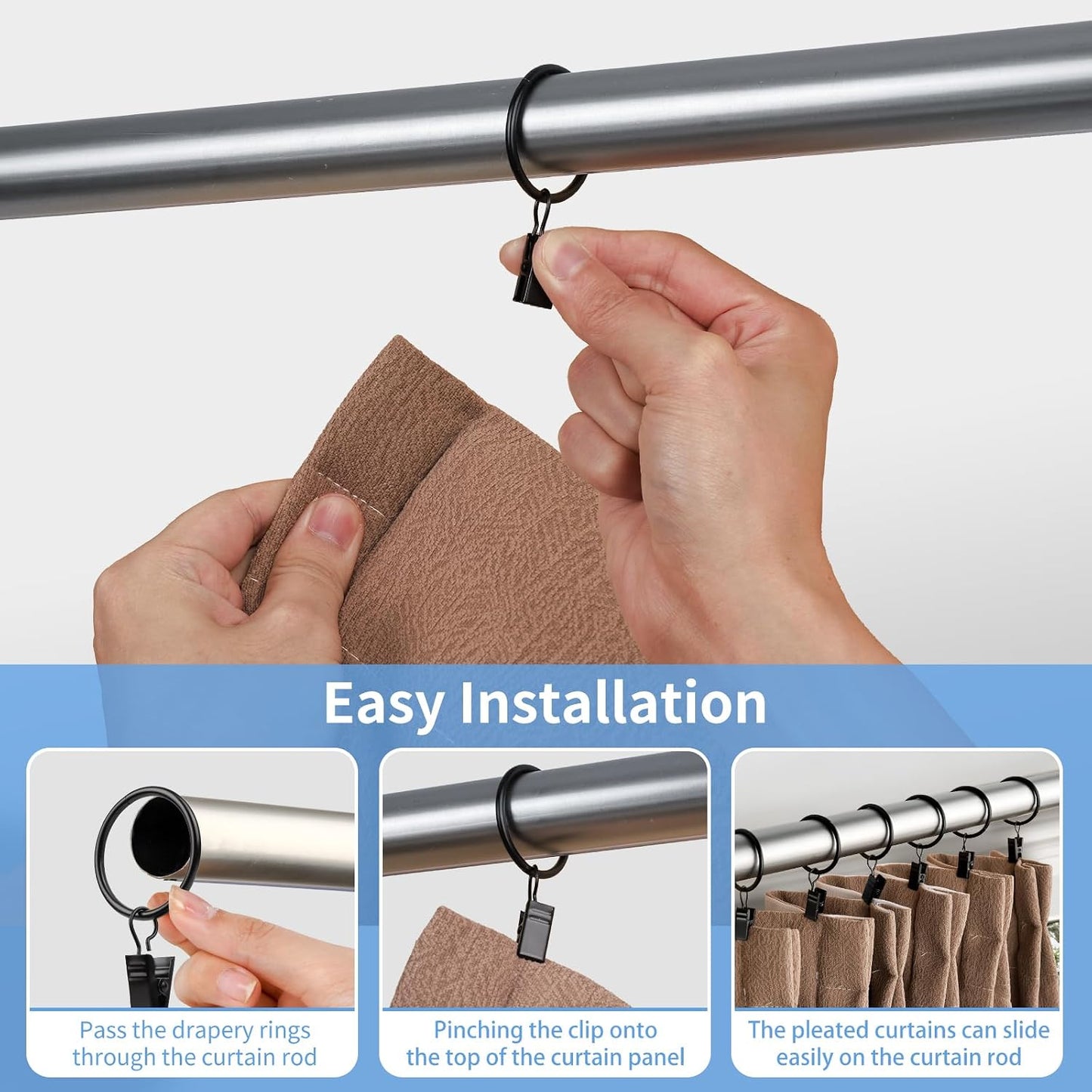 Curtain Rings with Clips, 42 Pack Metal Drapery Rings with Clips Hooks Hangers for Hanging Drapes Bows Hats, Drapes Rings 1.26 in Interior Diameter, Fits Up to 1 in Curtain Rod, Black