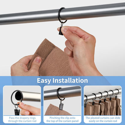Curtain Rings with Clips, 42 Pack Metal Drapery Rings with Clips Hooks Hangers for Hanging Drapes Bows Hats, Drapes Rings 1.26 in Interior Diameter, Fits Up to 1 in Curtain Rod, Black
